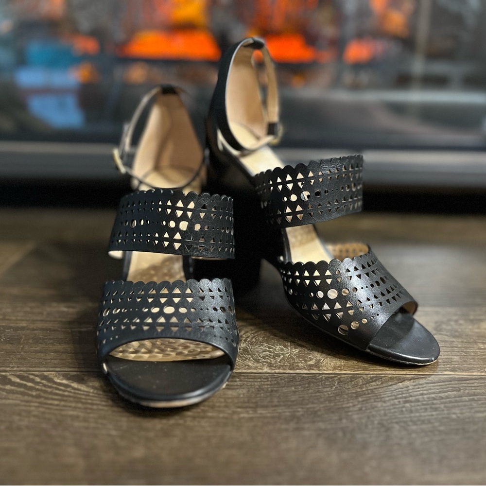 Tory Burch Black Laser-Cut Leather Wedges with Ankle Strap